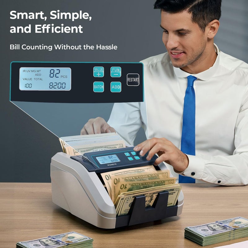 MUNBYN IMC51 Money Counter Machine Count Value, Add+Batch/Add+ Value Mode Bill Counter, UV/MG/IR/MT Detection, USD only Cash Counter,1100 Bills/min, Money Counting Machine with LCD Display (Gray) - Image 5